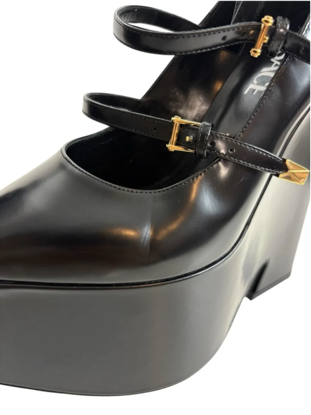 VERSACE Designer Heels Tempest Leather Platform Pumps Straps Black Size 37.5